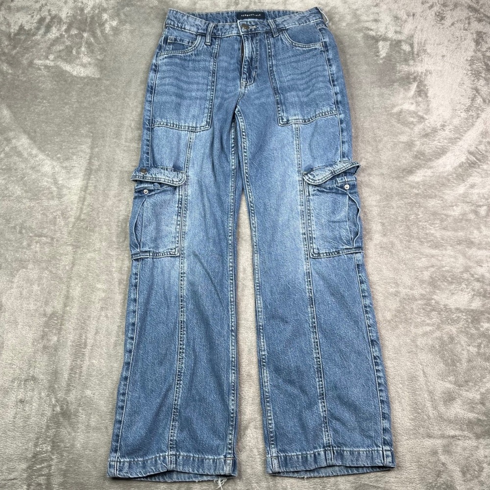 Aeropostale Utility Cargo Jeans Women 2 Regular Blue Wide Leg Multi Pocket Denim